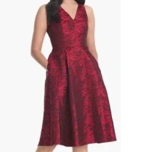 Maroon pattern v neck dress Size 14 with belt